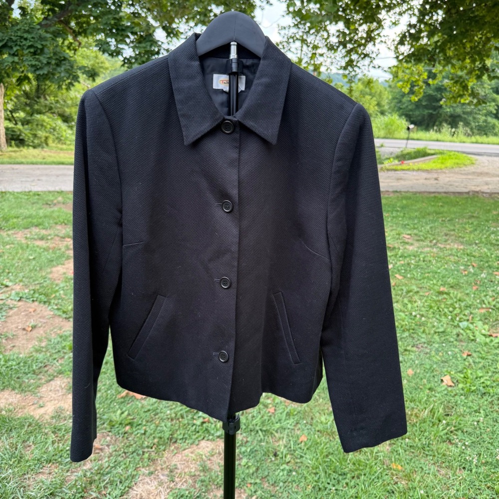 Talbots Black Textured Cotton Button Front Jacket Blazer Womens 12 Classic Pique